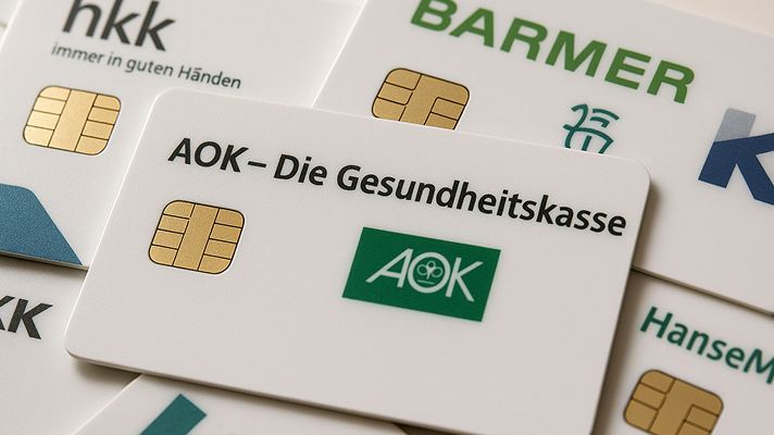 Verschiedene Krankenkassenkarten mit AOK im Fokus für Beitragsvergleich