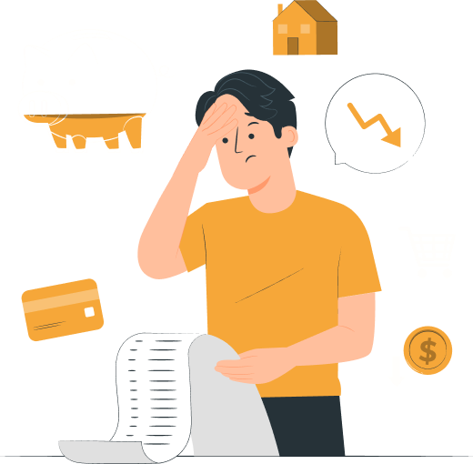 Illustration eines besorgten Mannes mit Rechnungen und Finanzsymbolen