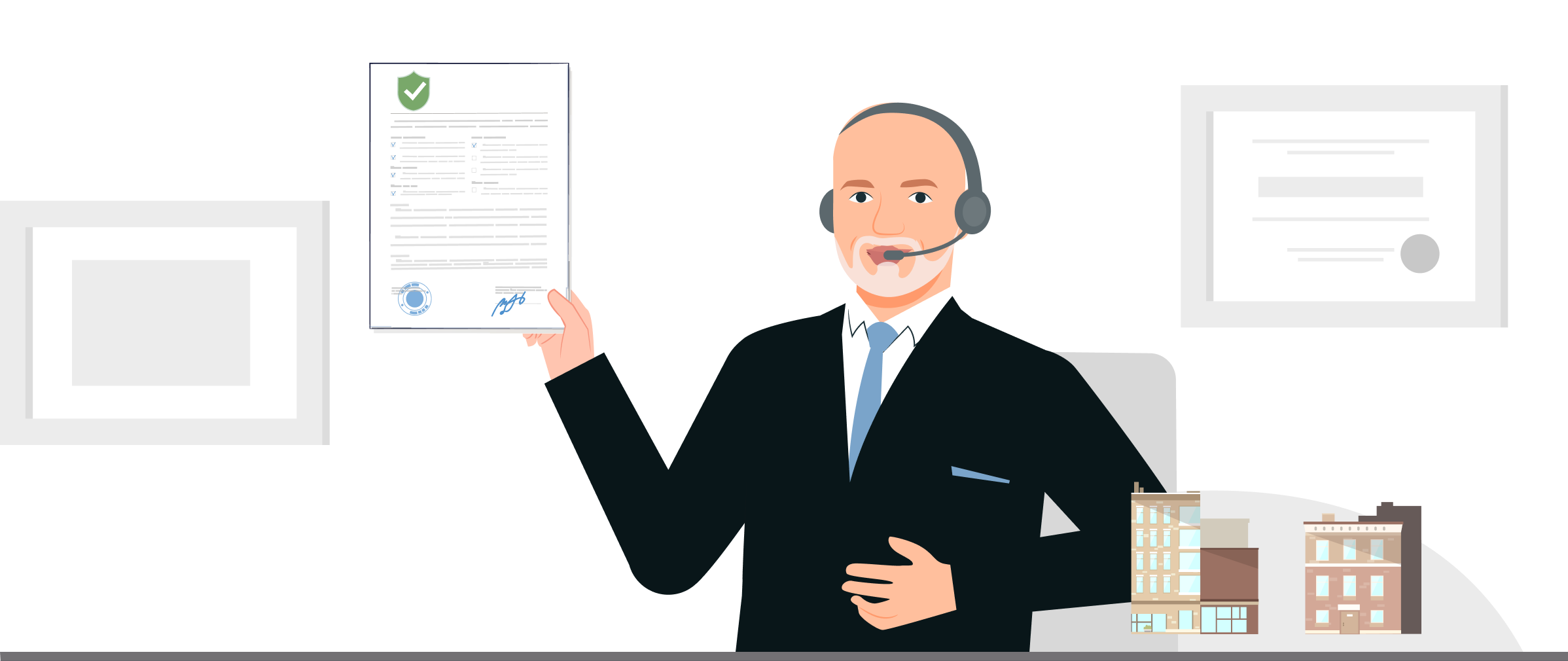 Freundlicher Versicherungsberater mit Headset präsentiert Zertifikat